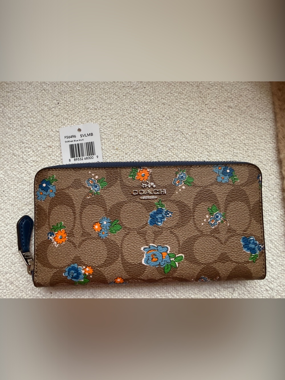 NWT Coach Brown Signature Zip Wallet with Blue & Orange Floral Monogram